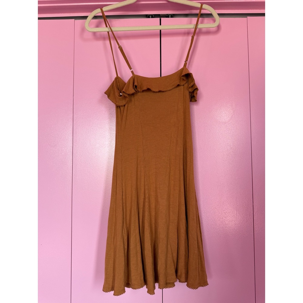 Forever 21 Rust Orange Ribbed Ruffle Mini Dress Large Adjustable Straps - Picture 2 of 4